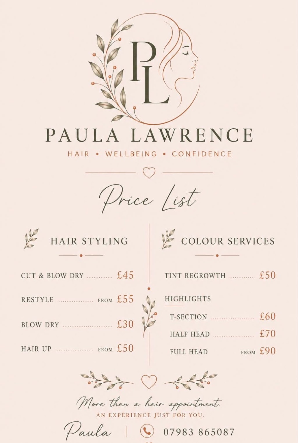 Paula Lawrence hair and colour price list